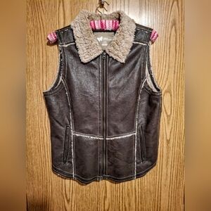Women's Brown Faux Leather Vest with Shearling Collar
